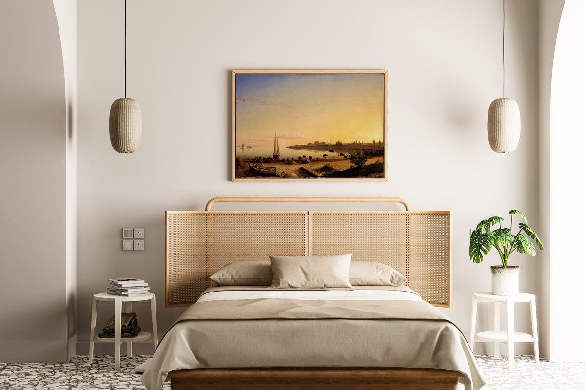 Stage Fort across Gloucester Harbor by Fitz Henry Lane — framed above a cane-headboard bed