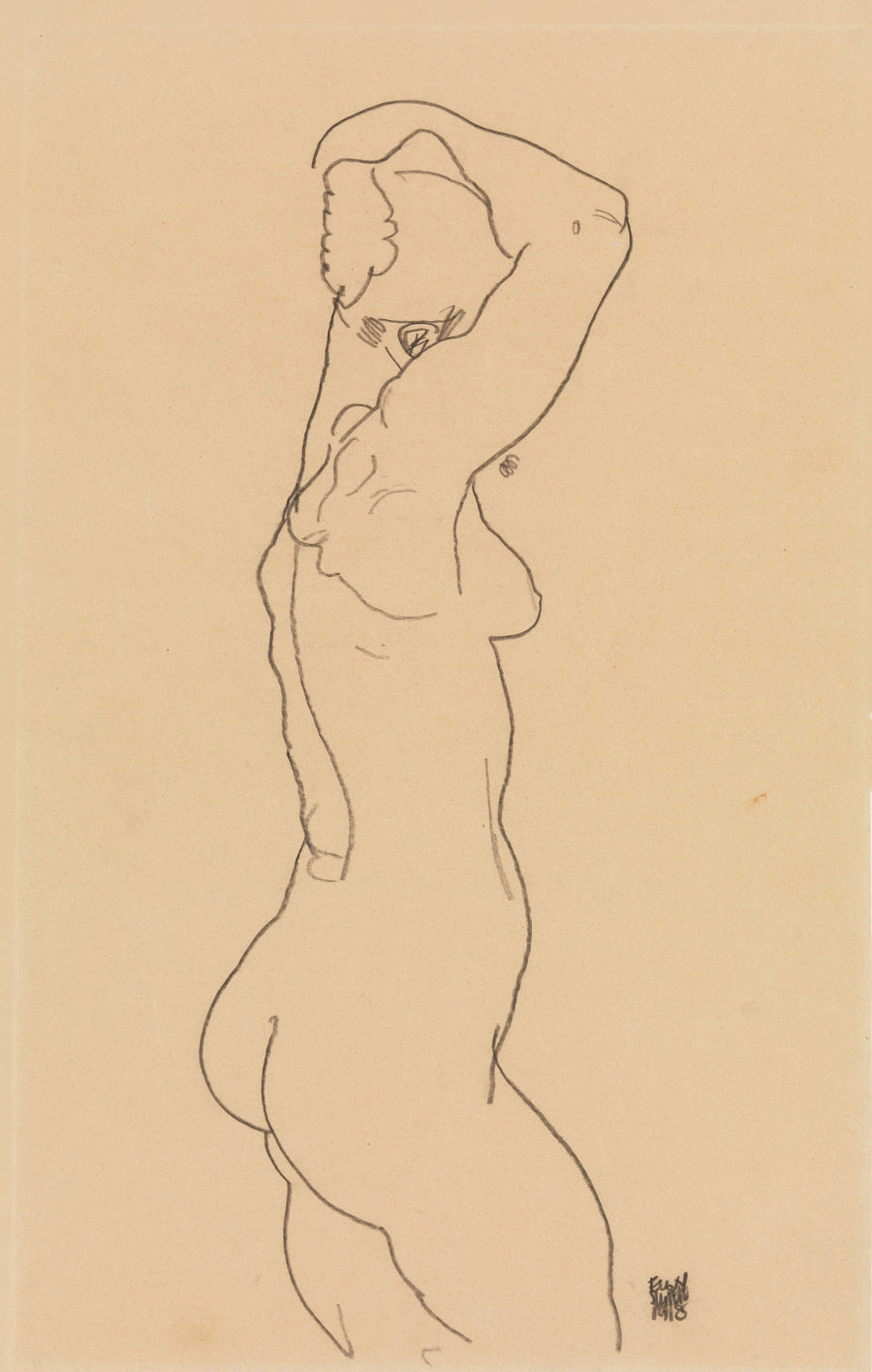 Egon Schiele — Standing Nude, Facing Right | Expressionist Fine Art Print shown to scale on a wall above a sofa