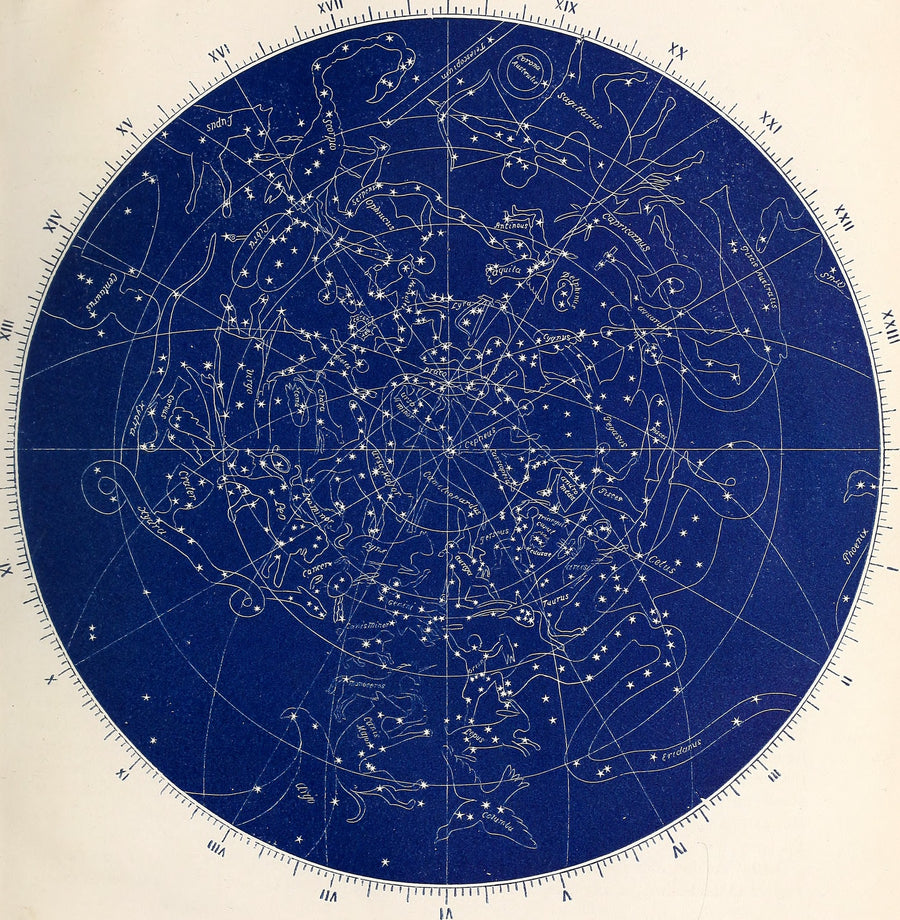 Elias Colbert — Star Map from Astronomy without a Telescope | Antique Celestial Chart Print shown to scale on a wall above a sofa