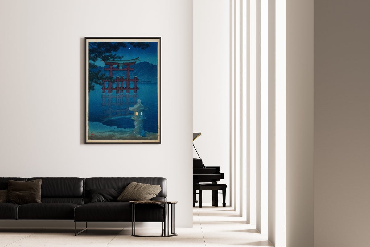 Framed art print of Starlit Night at Miyajima by Kawase Hasui, on the wall of a minimal living room