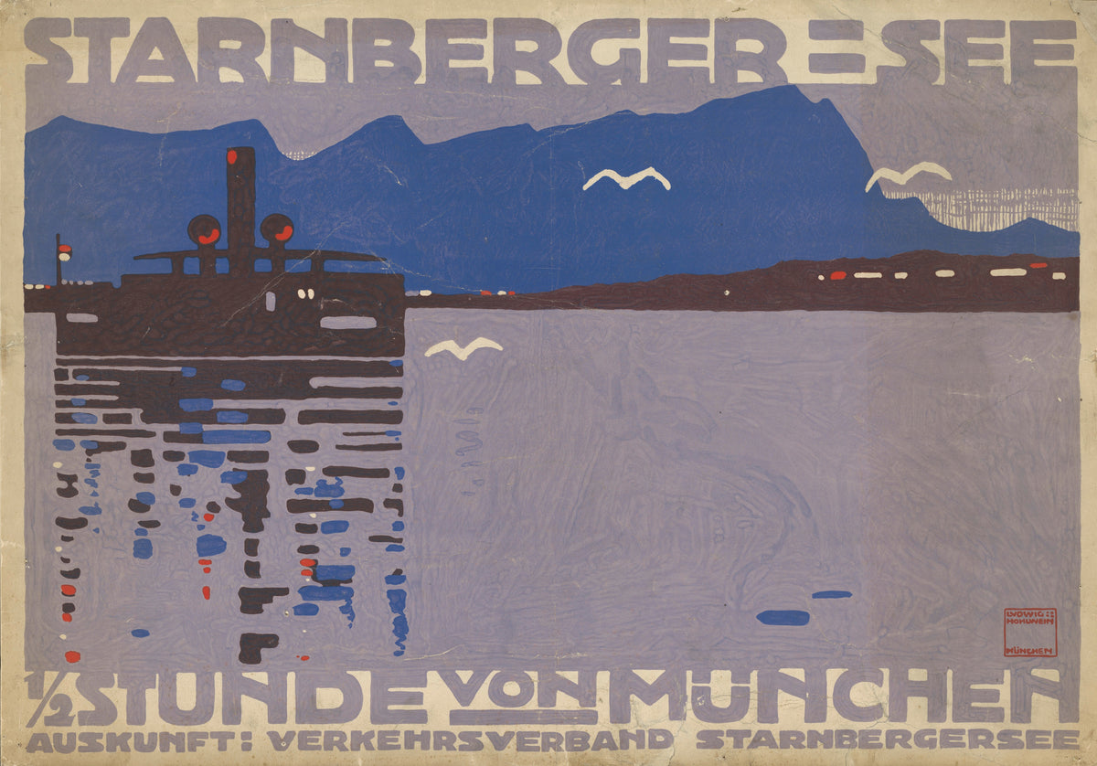 Starnberger See: ½ Stunde von München by Ludwig Hohlwein — A dark steamer and white gulls on a violet lake before blue hills