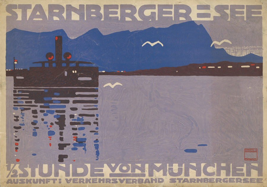 Ludwig Hohlwein — Starnberger See: ½ Stunde von München | Vintage Poster Print shown to scale on a wall above a sofa