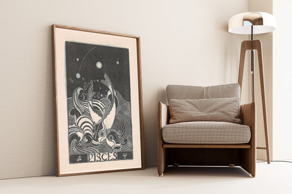 Henri van der Stok — Sterrenbeeld vissen [Zodiac sign Pisces] | Art Deco Woodcut Print