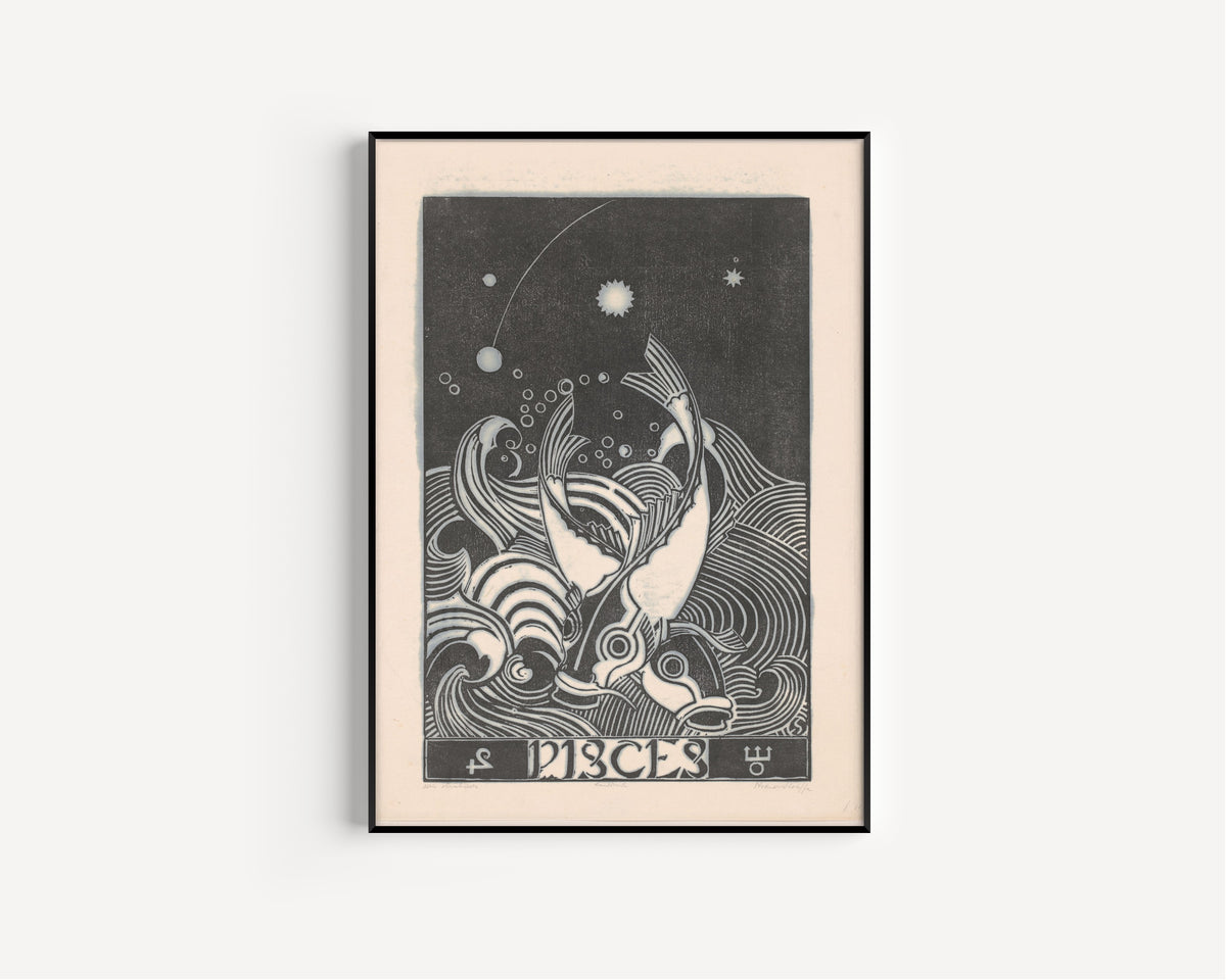 Henri van der Stok — Sterrenbeeld vissen [Zodiac sign Pisces] | Art Deco Woodcut Print