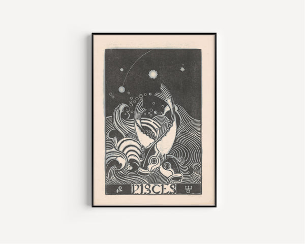 Henri van der Stok — Sterrenbeeld vissen [Zodiac sign Pisces] | Art Deco Woodcut Print