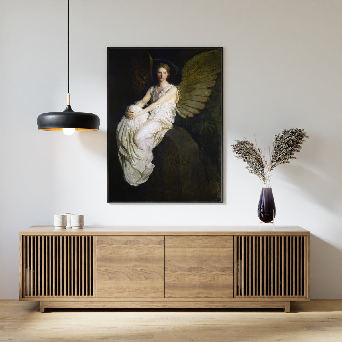 Stevenson Memorial by Abbott Handerson Thayer — framed above a slatted wood sideboard