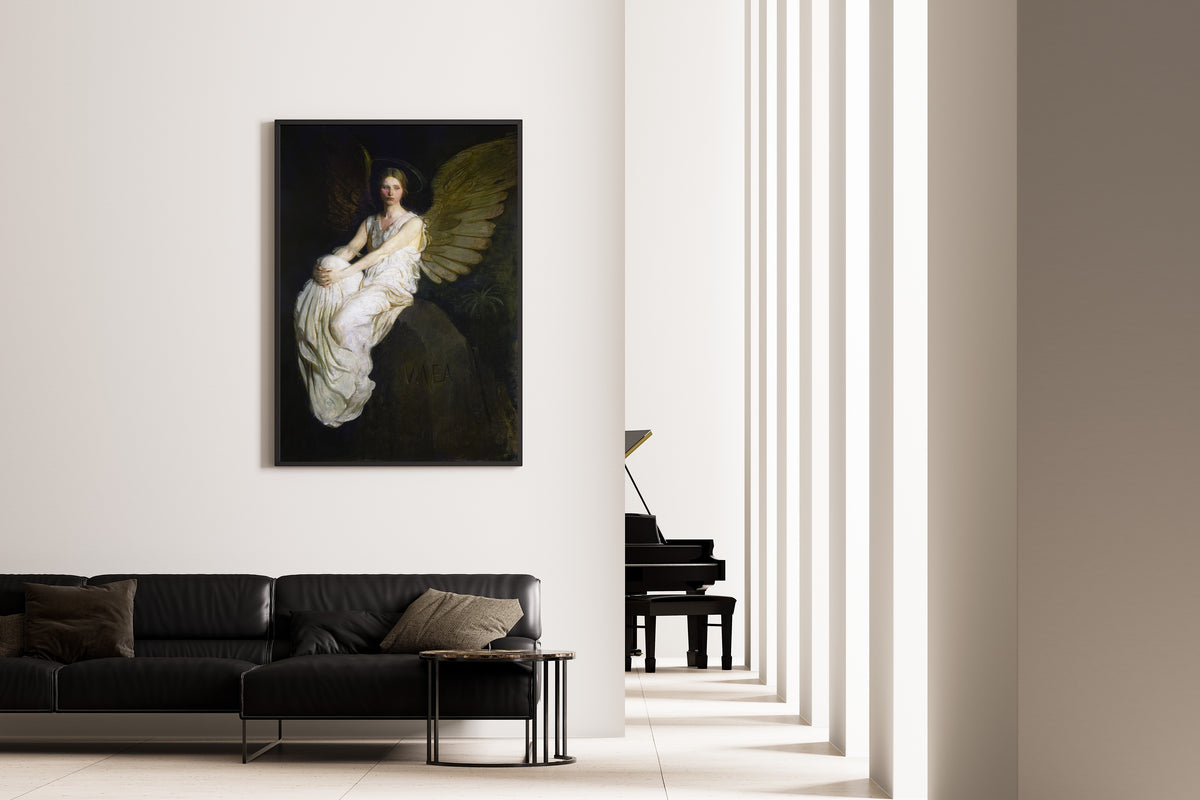 Stevenson Memorial by Abbott Handerson Thayer — framed on the wall of a minimal living room