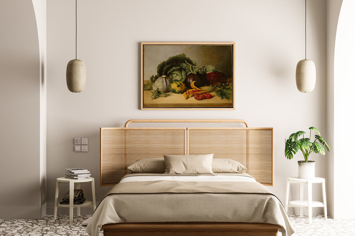 Still Life: Balsam Apple and Vegetables by James Peale — framed above a cane-headboard bed
