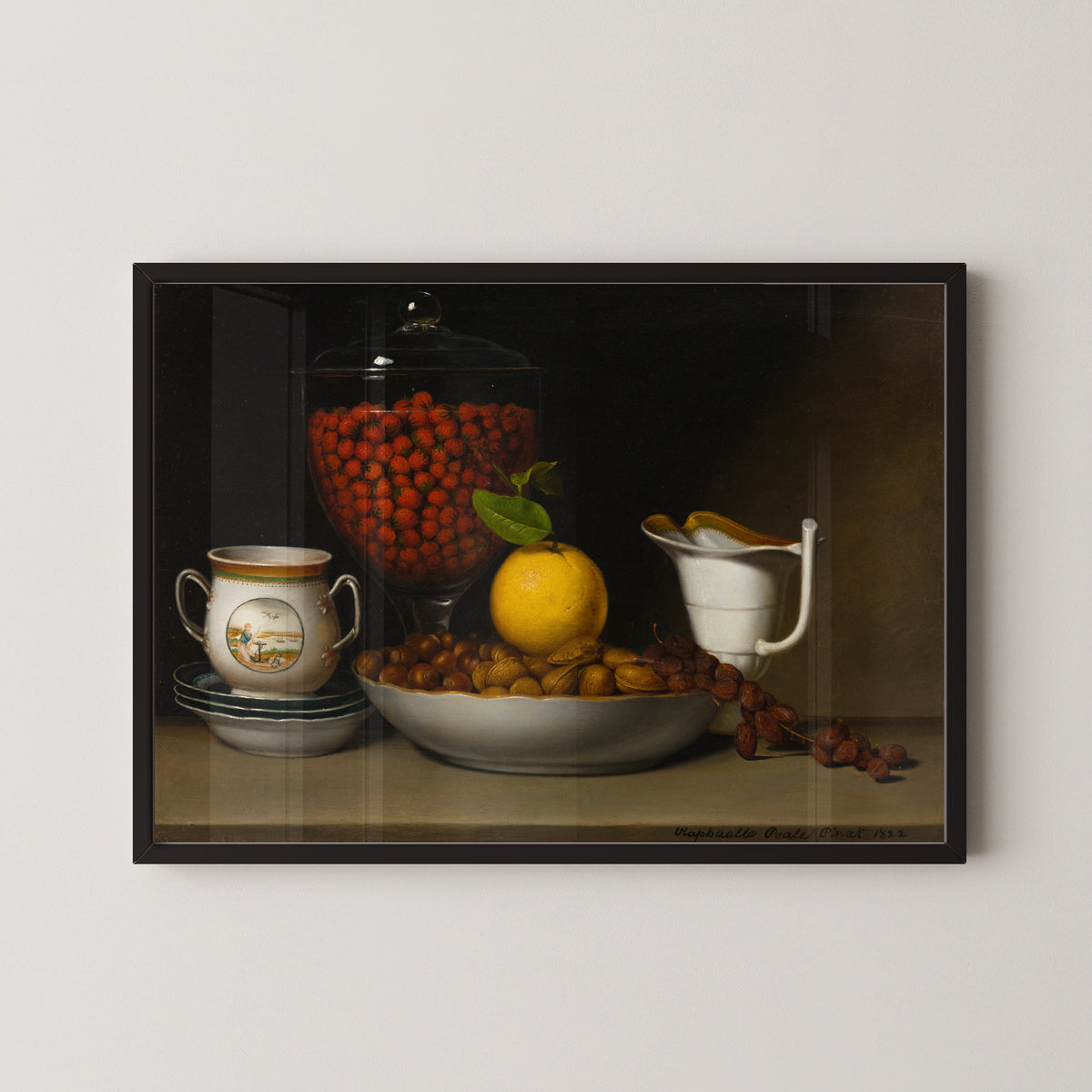 Still Life: Strawberries, Nuts, &c. by Raphaelle Peale — in a black frame on a pale wall