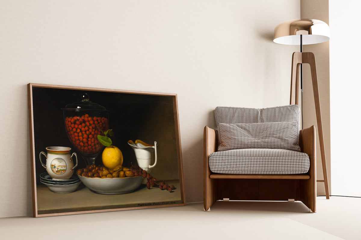 Still Life: Strawberries, Nuts, &c. by Raphaelle Peale — framed and leaning against a wall beside an armchair and a floor lamp