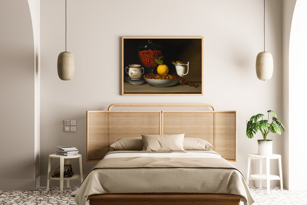 Still Life: Strawberries, Nuts, &c. by Raphaelle Peale — framed above a cane-headboard bed