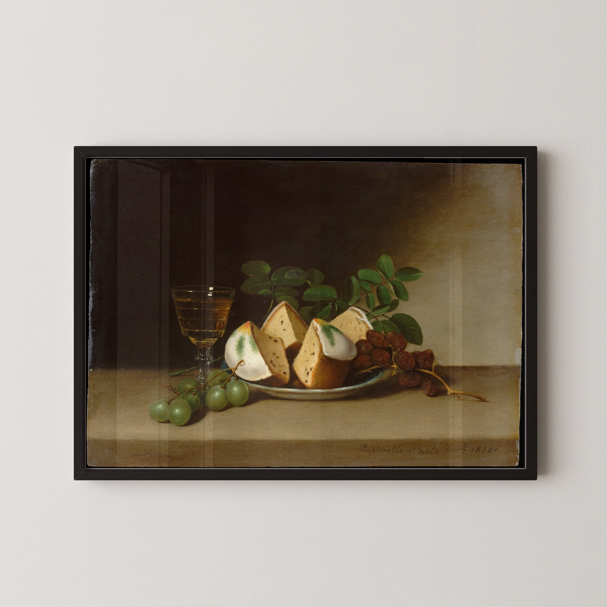 Still Life with Cake by Raphaelle Peale — in a black frame on a pale wall