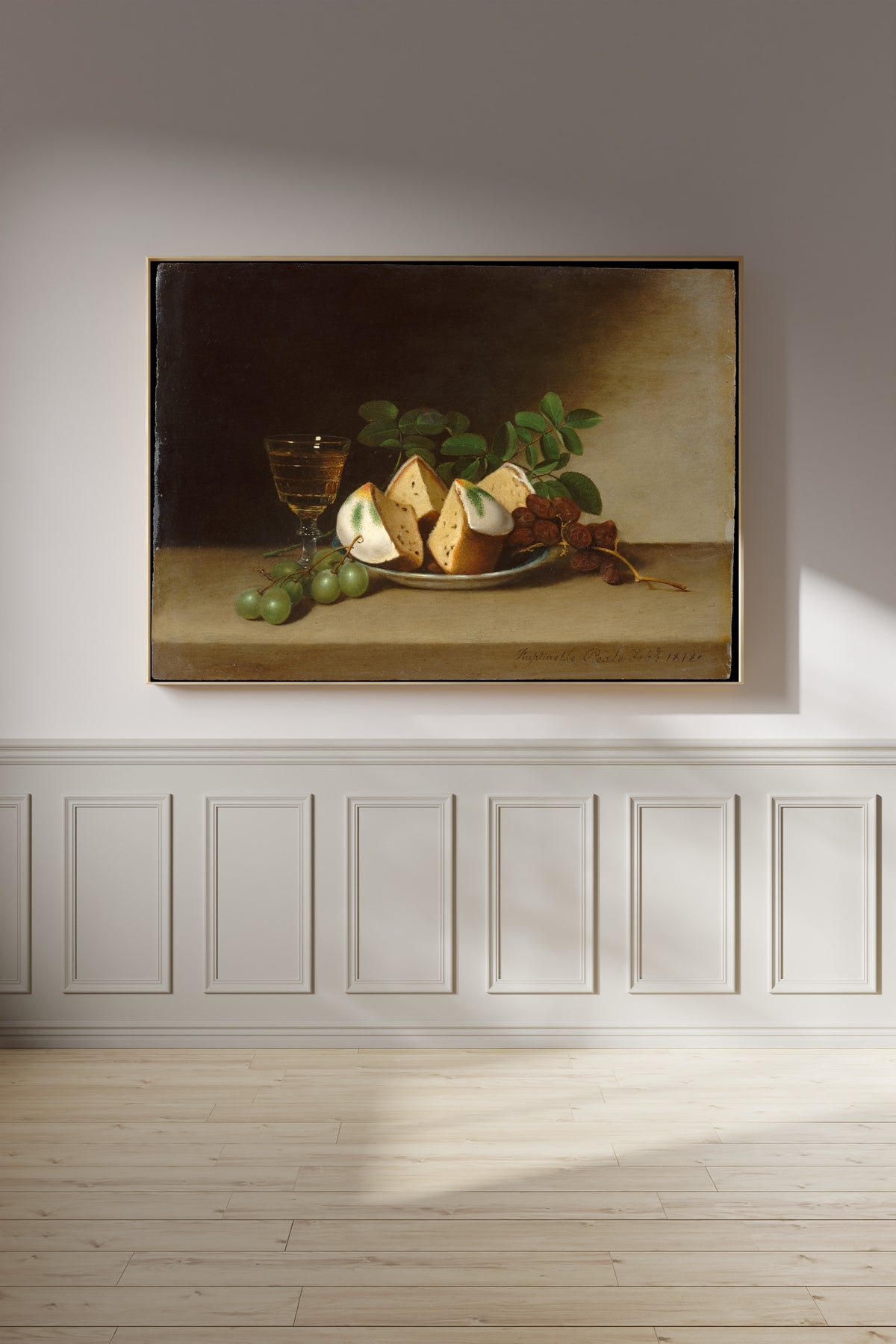 Still Life with Cake by Raphaelle Peale — framed on a panelled wall in afternoon light