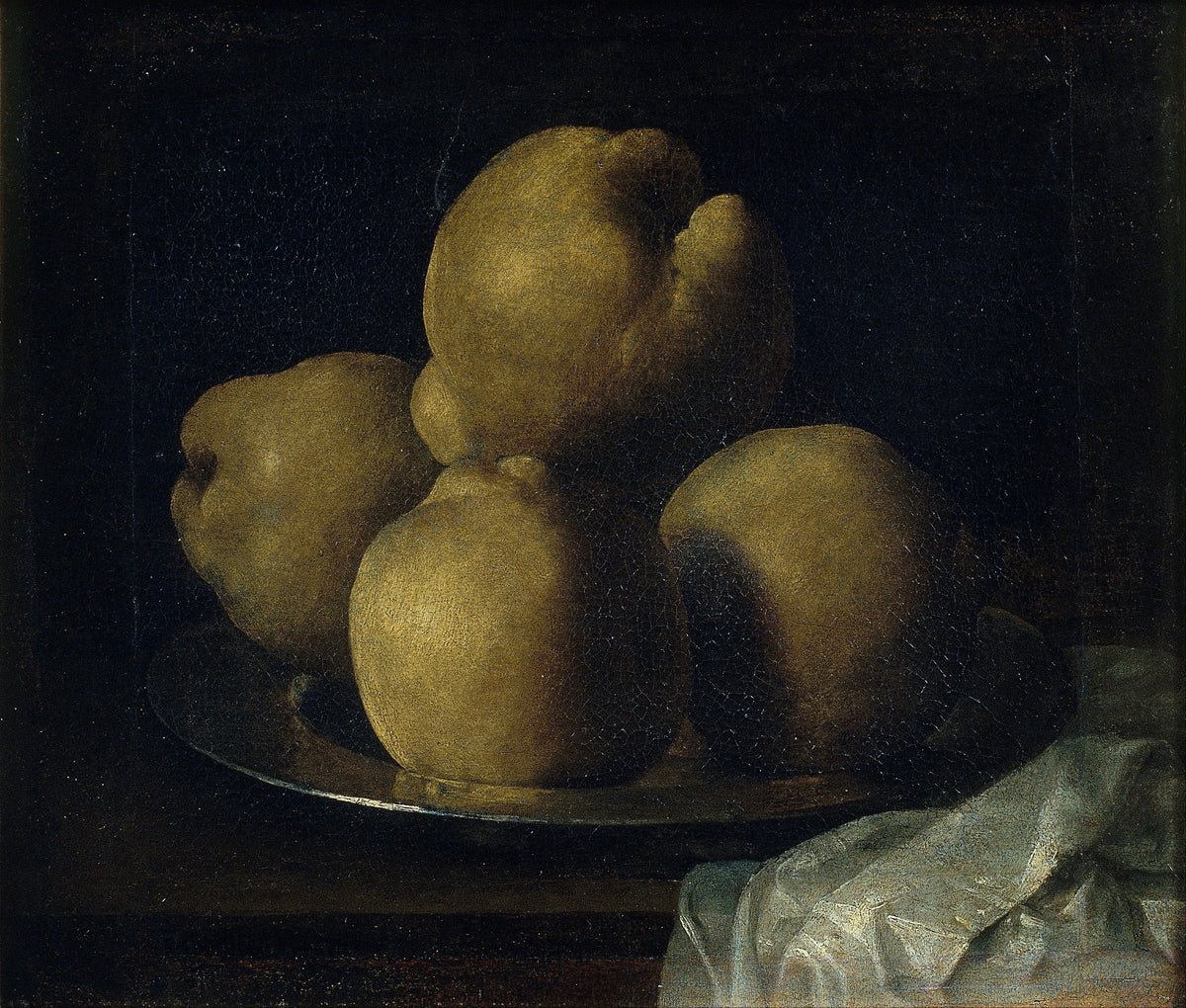Still Life with Dish of Quince by Francisco de Zurbarán — Four quinces heaped on a metal dish against a black ground