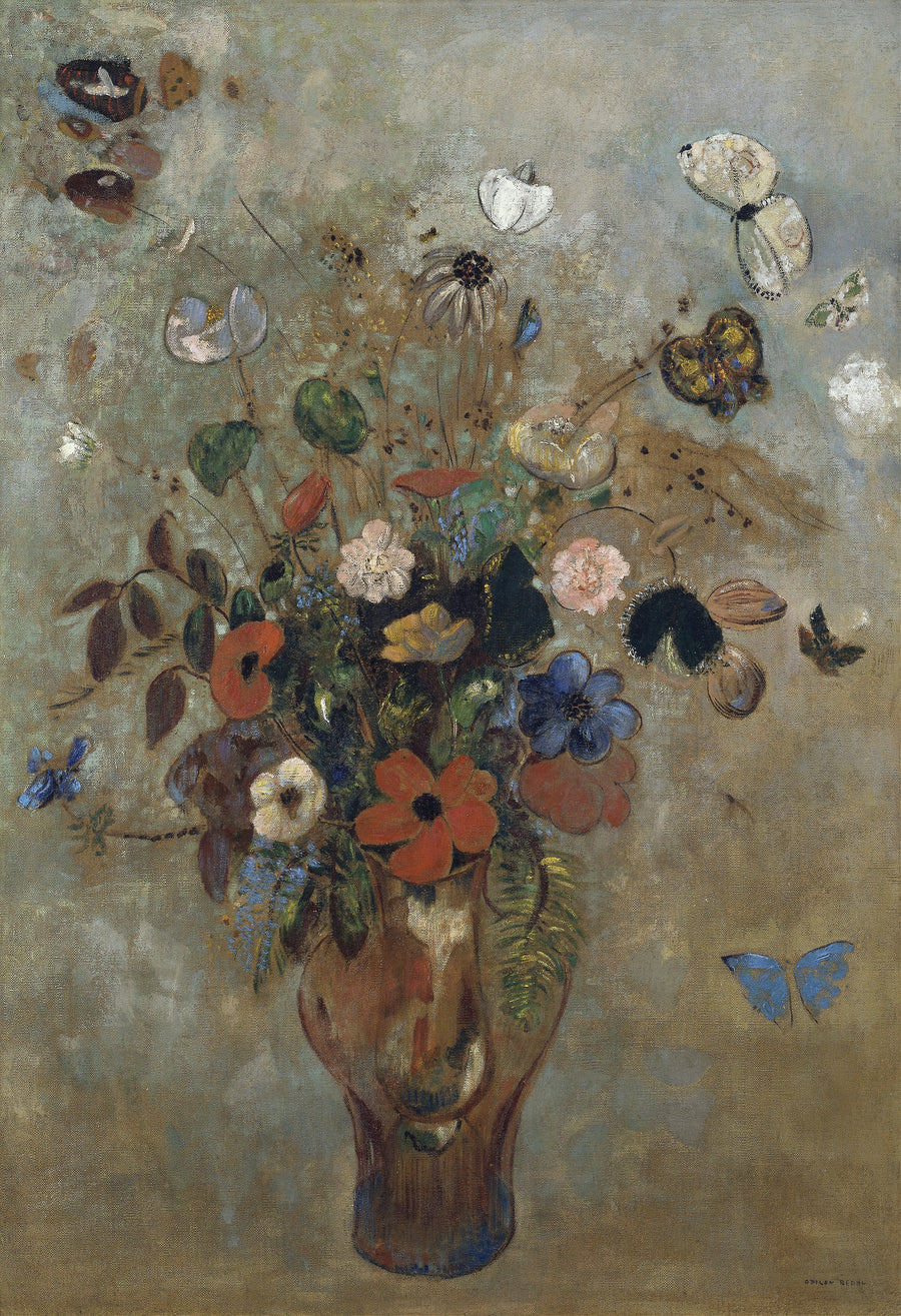 Odilon Redon — Still Life with Flowers | Symbolist Art Print shown to scale on a wall above a sofa