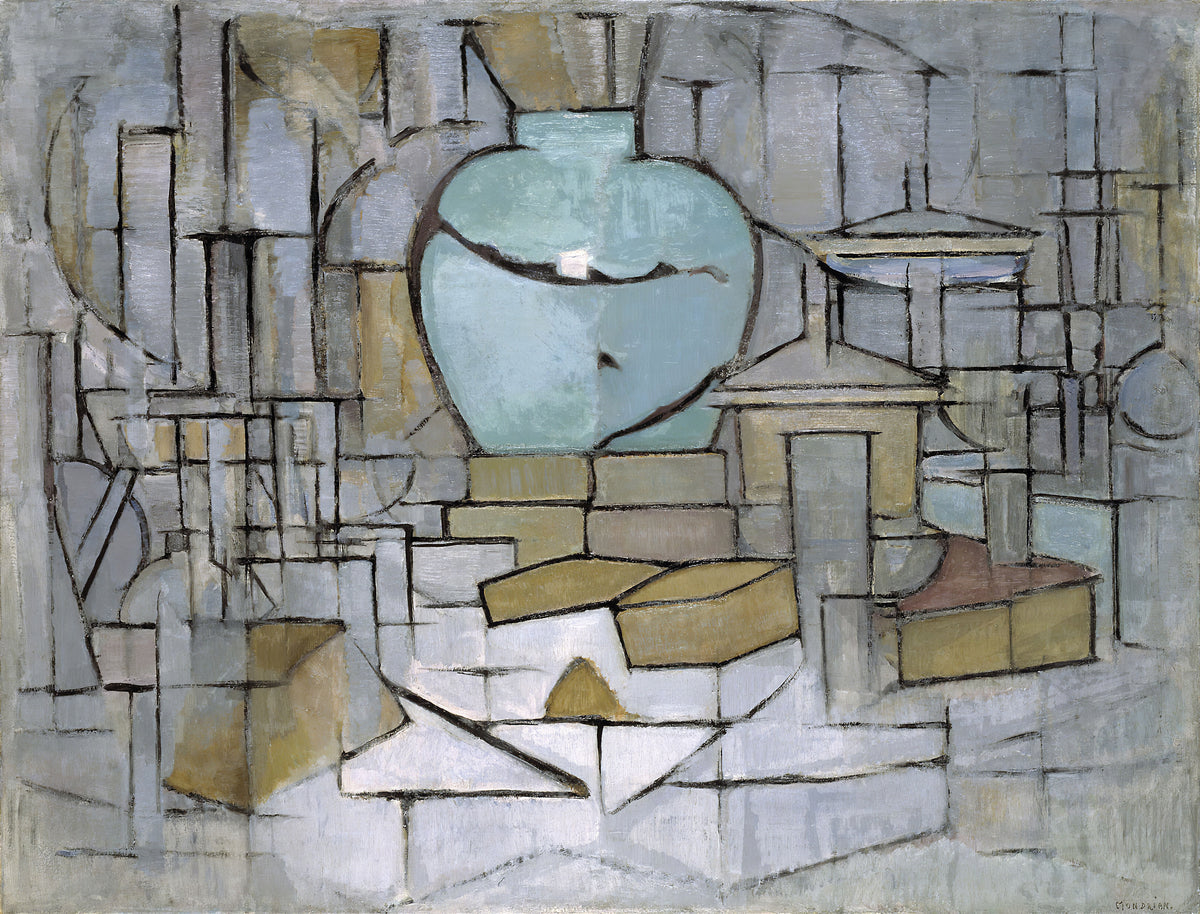 Still Life with Gingerpot II by Piet Mondrian — A pale blue ginger jar breaks into a grid of grey and ochre planes