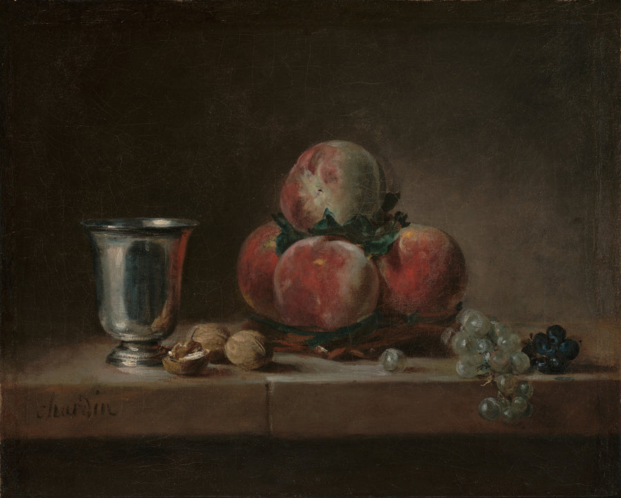 Jean-Siméon Chardin — Still Life with Peaches, a Silver Goblet, Grapes, and Walnuts | Fine Art Print shown to scale on a wall above a sofa