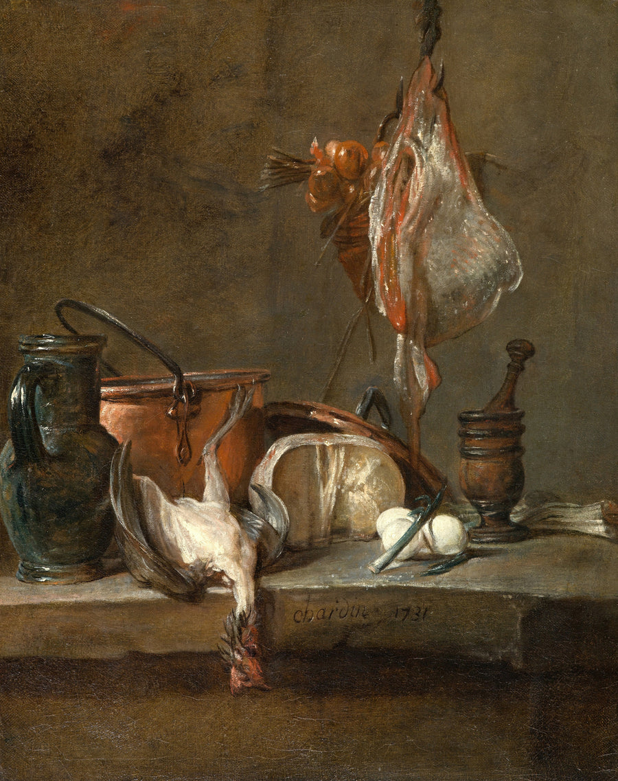 Jean-Siméon Chardin — Still Life with Ray and Basket of Onions | Fine Art Print shown to scale on a wall above a sofa