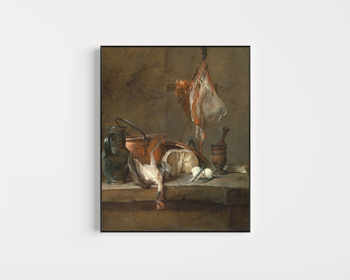 Framed art print of Still Life with Ray and Basket of Onions by Jean-Siméon Chardin, in a slim black frame on a plain white wall