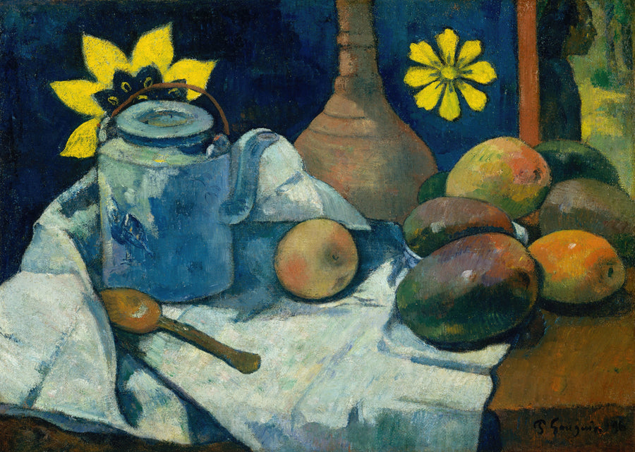 Paul Gauguin — Still Life with Teapot and Fruit | Fine Art Print shown to scale on a wall above a sofa