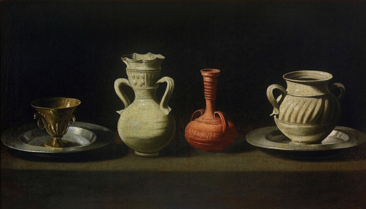 Still Life with Vessels by Francisco de Zurbarán — Four vessels in a row against black