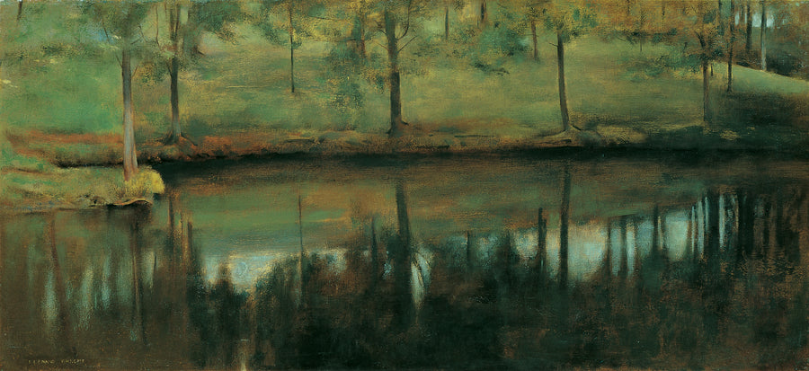 Fernand Khnopff — Still Water | Art Print shown to scale on a wall above a sofa