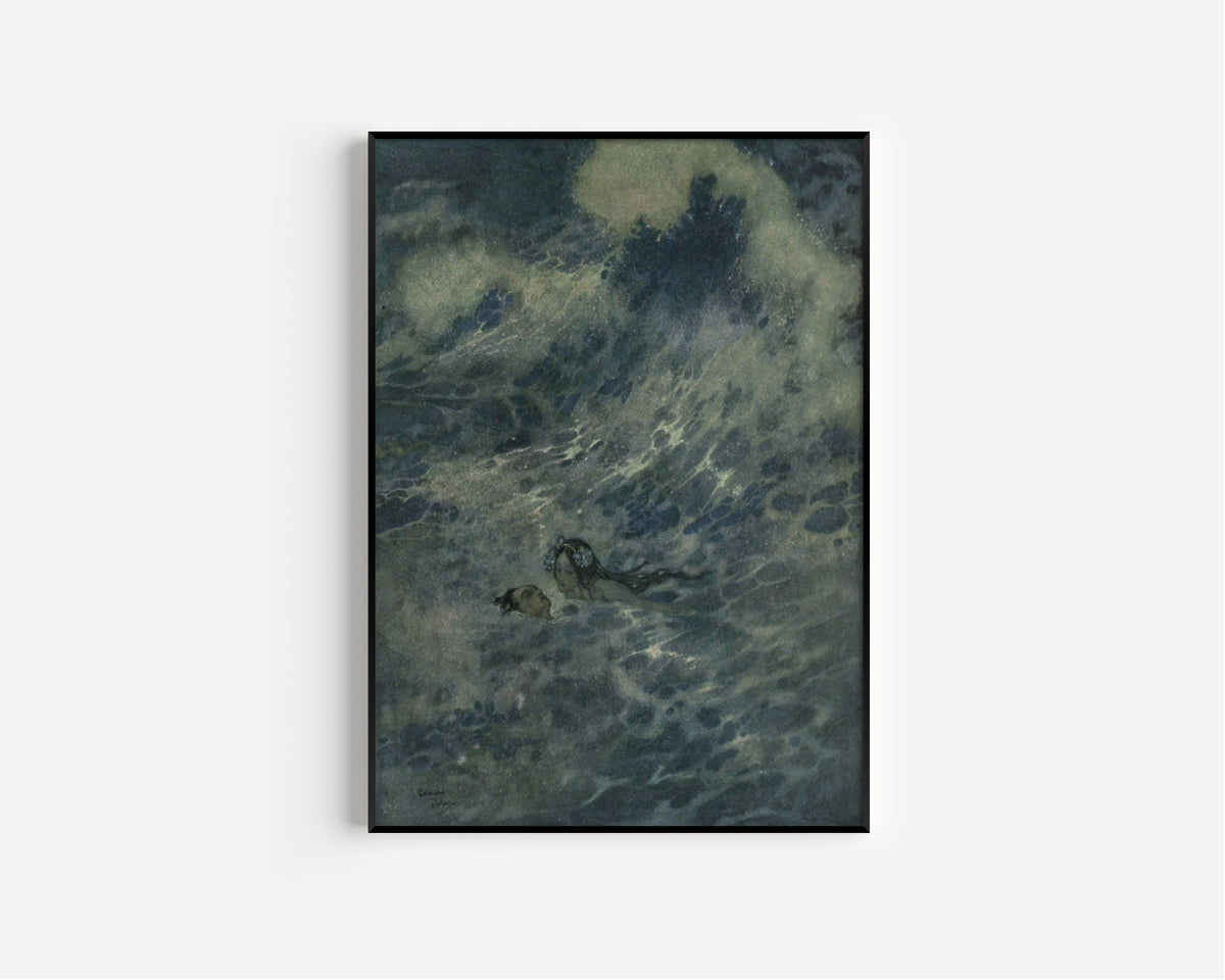 Framed art print of Stories from Hans Andersen: The Little Mermaid to the Rescue by Edmund Dulac, in a slim black frame on a plain white wall