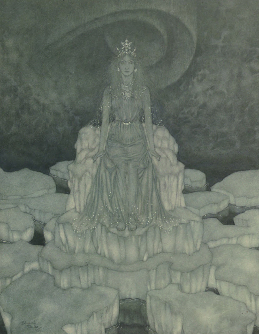 Edmund Dulac — Stories from Hans Andersen: The Snow Queen Sat in the Very Middle of It | Fairy Tale Illustration Print shown to scale on a wall above a sofa