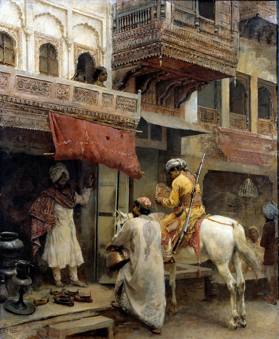 Edwin Lord Weeks — Street Scene in India | Art Print shown to scale on a wall above a sofa