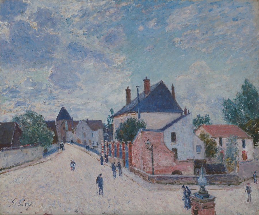 Alfred Sisley — Street in Moret | Fine Art Print shown to scale on a wall above a sofa