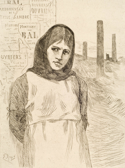Strike, The Charcoal (La Grève) by Félicien Rops — A young woman in a dark shawl stands before factory chimneys