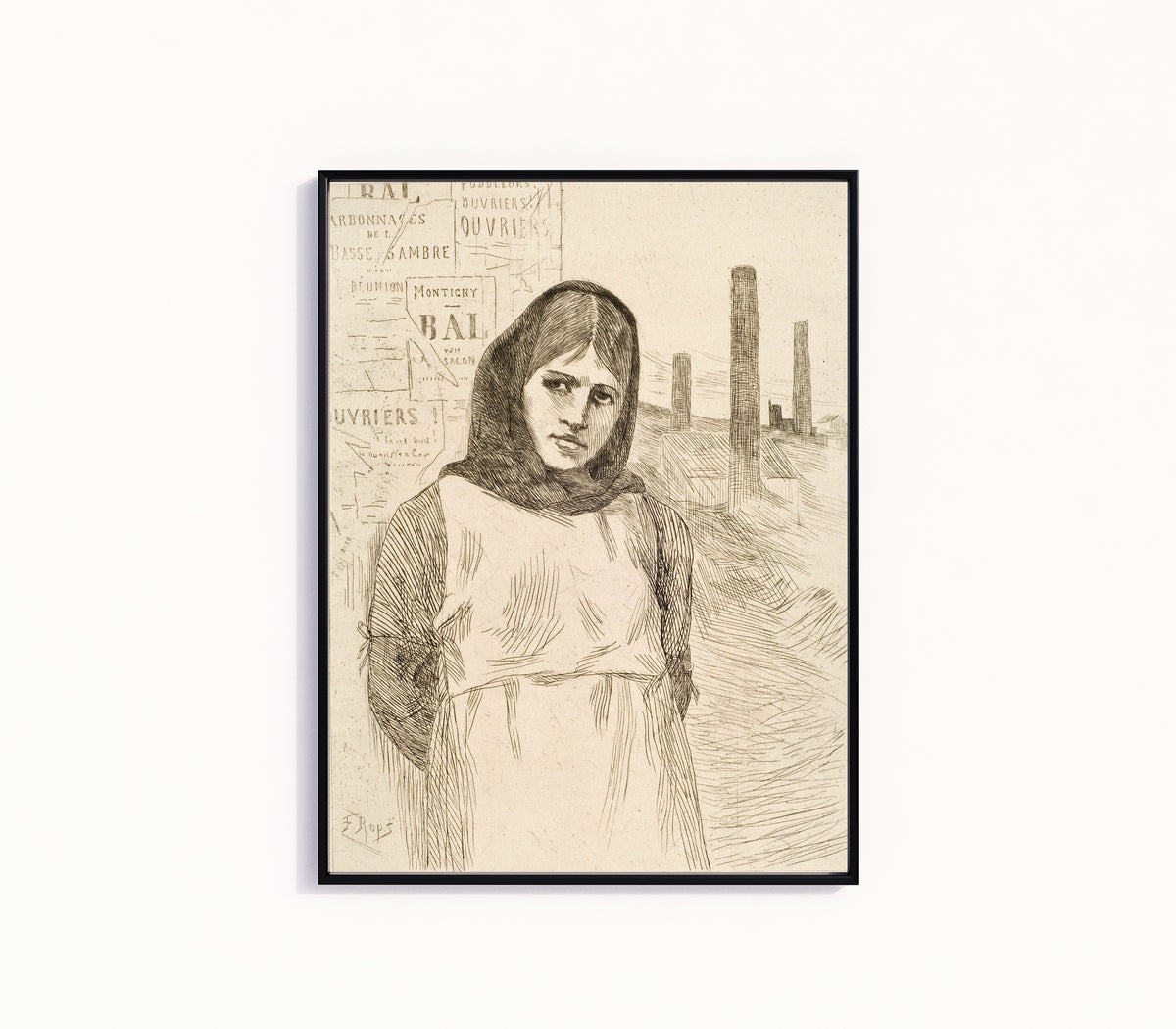 Framed art print of Strike, The Charcoal (La Grève) by Félicien Rops, in a slim black frame on a plain white wall