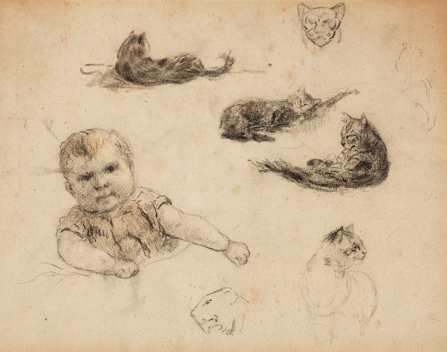 Paul Gauguin — Studies of Cats and a Child | Fine Art Print shown to scale on a wall above a sofa