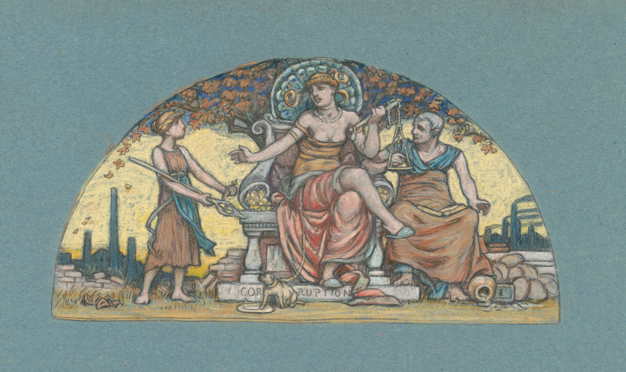 Elihu Vedder — Study for Corrupt Legislation | Symbolist Art Print shown to scale on a wall above a sofa