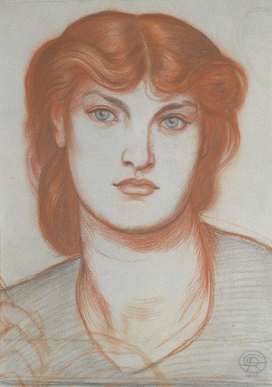 Dante Gabriel Rossetti — Study of Alexa Wilding for Regina Cordium | Pre-Raphaelite Art Print shown to scale on a wall above a sofa