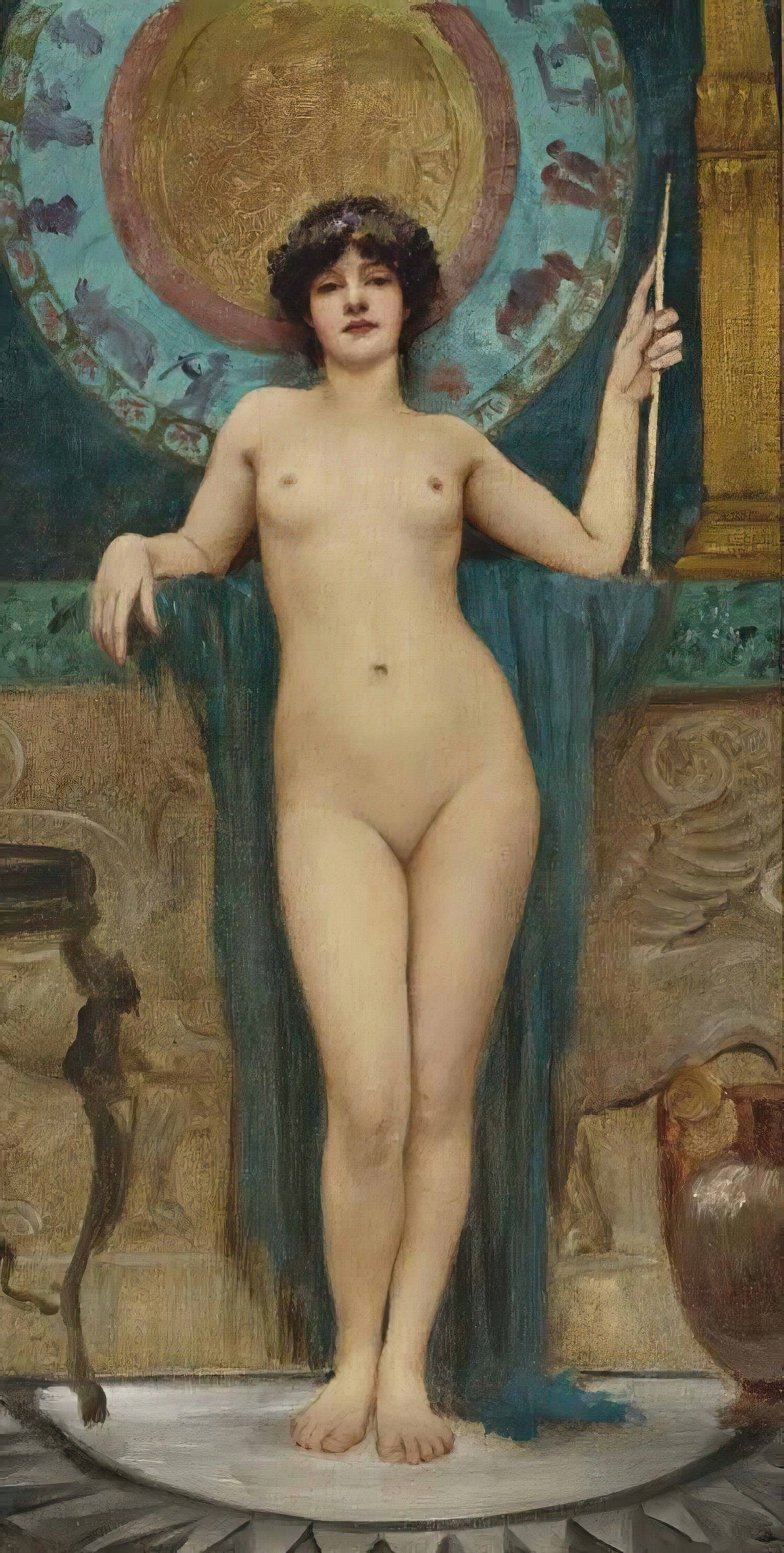 Study of Campaspe by John William Godward — Campaspe stands holding a slender staff before a turquoise roundel
