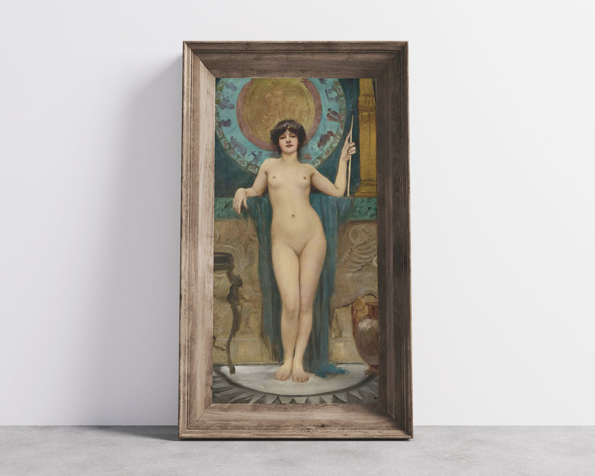 Framed art print of Study of Campaspe by John William Godward, in a wide wooden frame leaning against a concrete wall