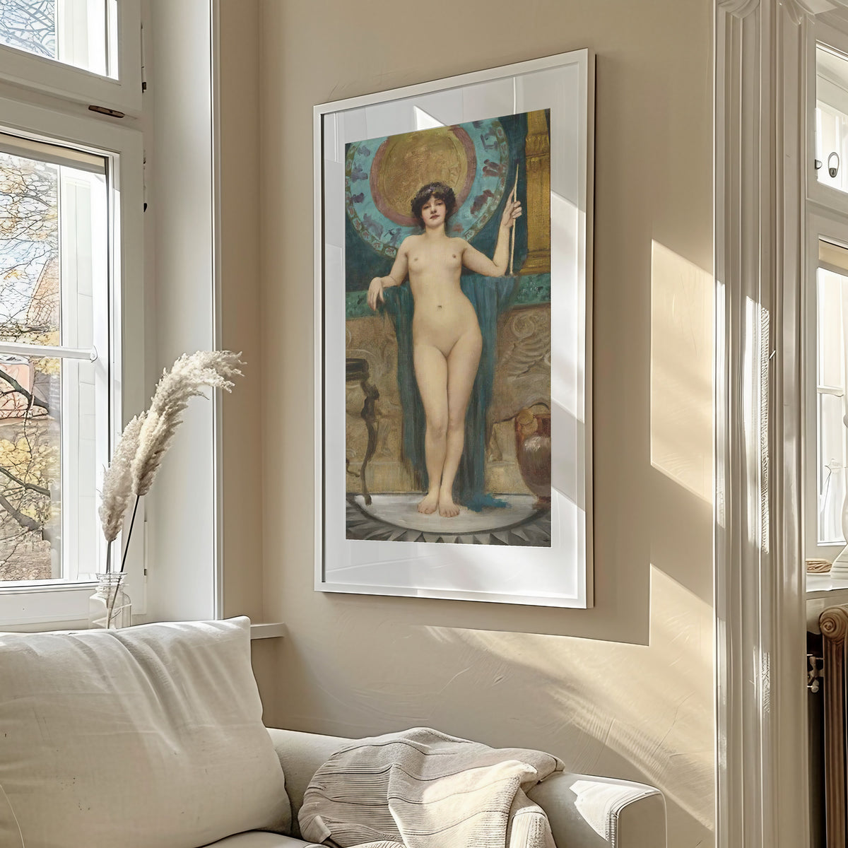 Framed art print of Study of Campaspe by John William Godward, in a sunlit living room above a sofa