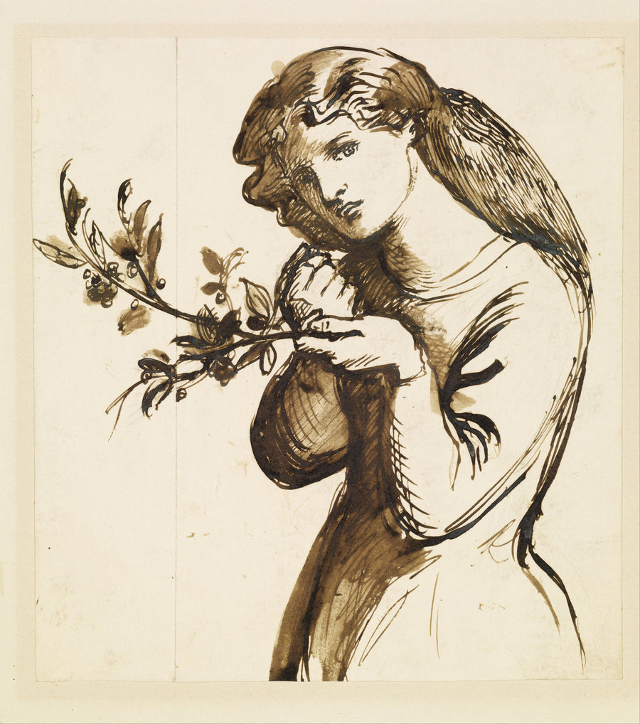 Dante Gabriel Rossetti — Study of a Girl Eating Cherries | Pre-Raphaelite Art Print shown to scale on a wall above a sofa