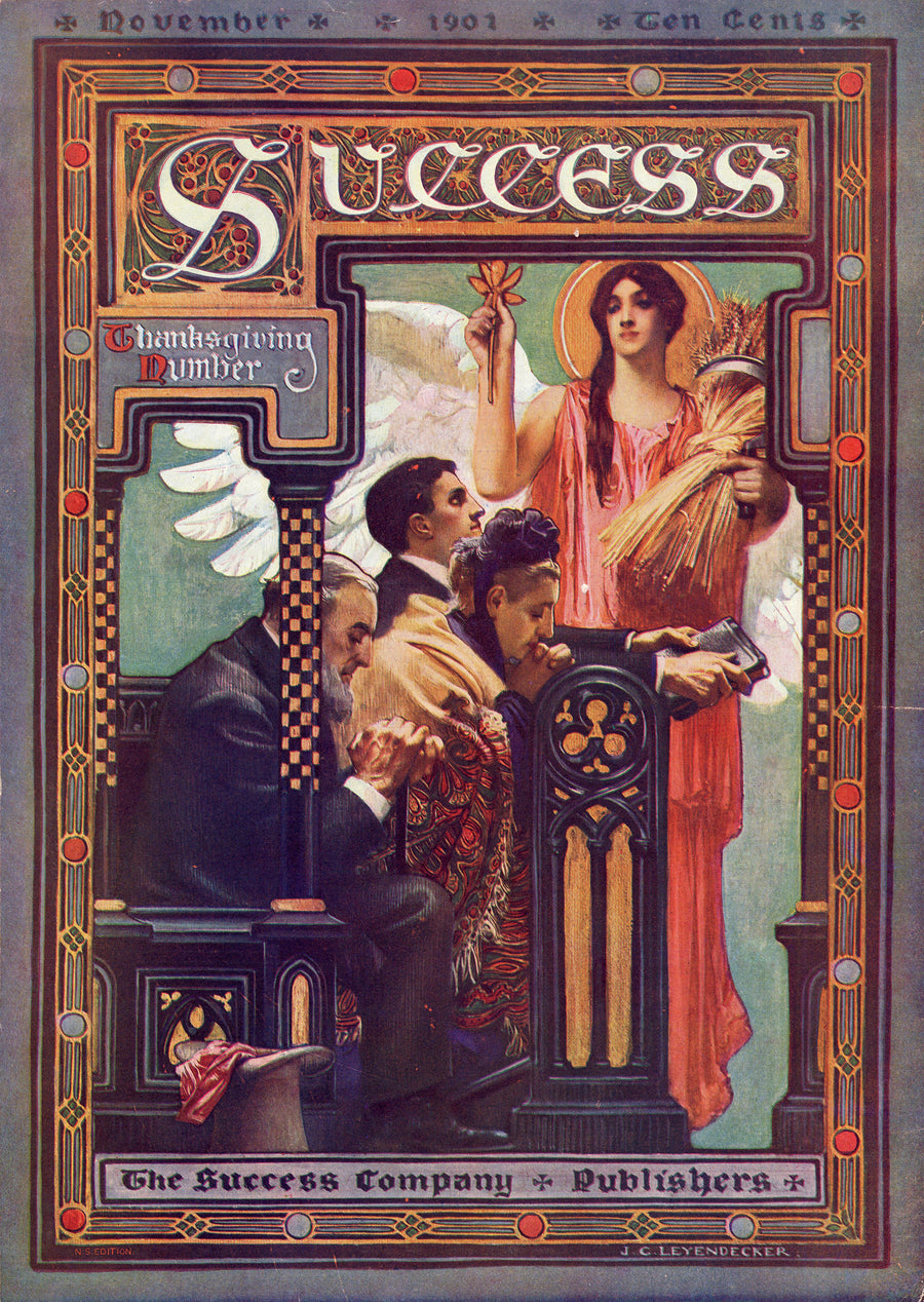 J.C. Leyendecker — Success, Thanksgiving Number, November 1901 | Vintage Thanksgiving Print shown to scale on a wall above a sofa
