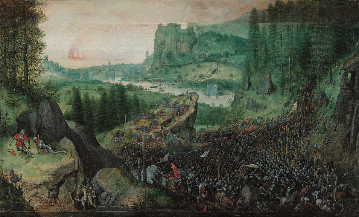 Suicide of Saul by Pieter Bruegel the Elder — An army pours down a green hillside above a winding river valley