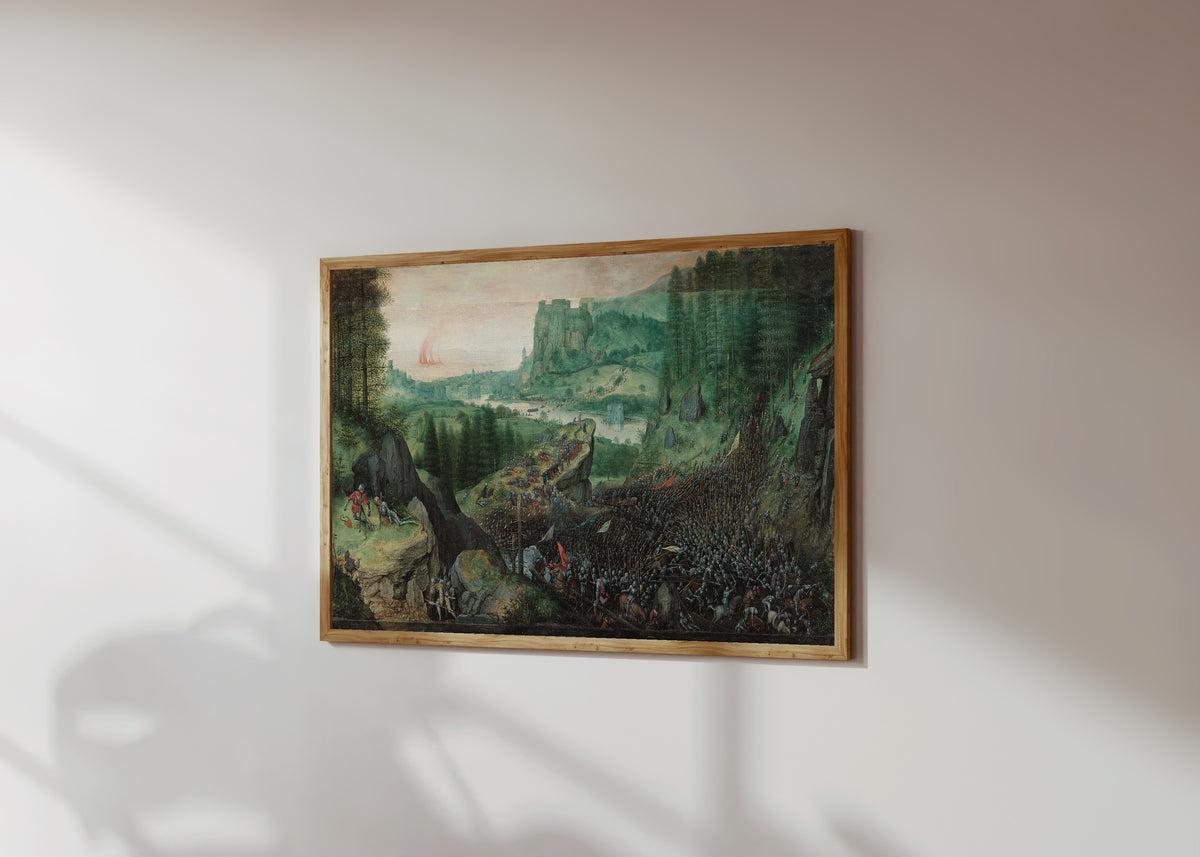 Framed art print of Suicide of Saul by Pieter Bruegel the Elder, in a light wood frame on a sunlit white wall, seen at a slight angle