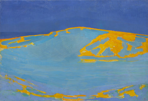 Summer, Dune in Zeeland by Piet Mondrian — A pale blue dune swells under a deep blue sky, edged in orange-yellow