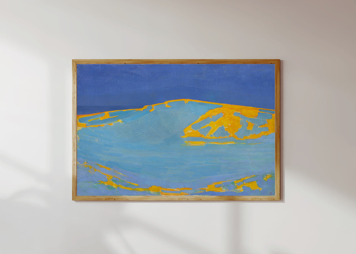 Framed art print of Summer, Dune in Zeeland by Piet Mondrian, in a light wood frame on a sunlit white wall