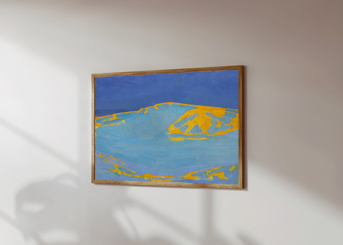 Framed art print of Summer, Dune in Zeeland by Piet Mondrian, in a light wood frame on a sunlit white wall, seen at a slight angle