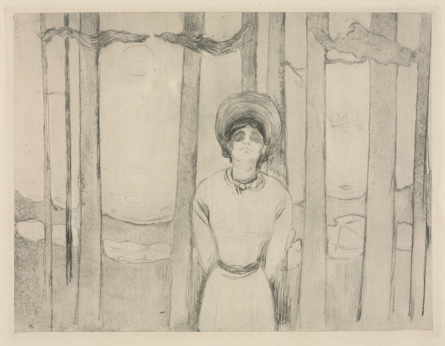 Edvard Munch — Summer Night (The Voice) | Expressionist Fine Art Print shown to scale on a wall above a sofa