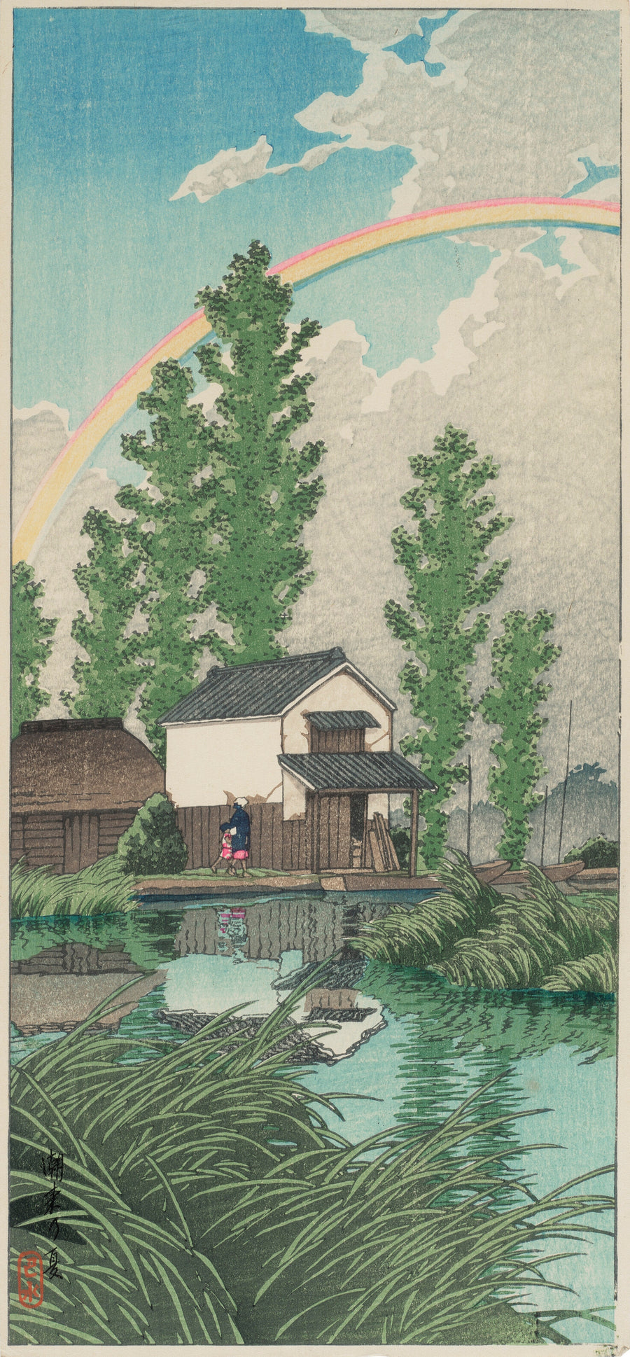 Kawase Hasui — Summer at Itako | Japanese Woodblock Print (Shin Hanga) shown to scale on a wall above a sofa