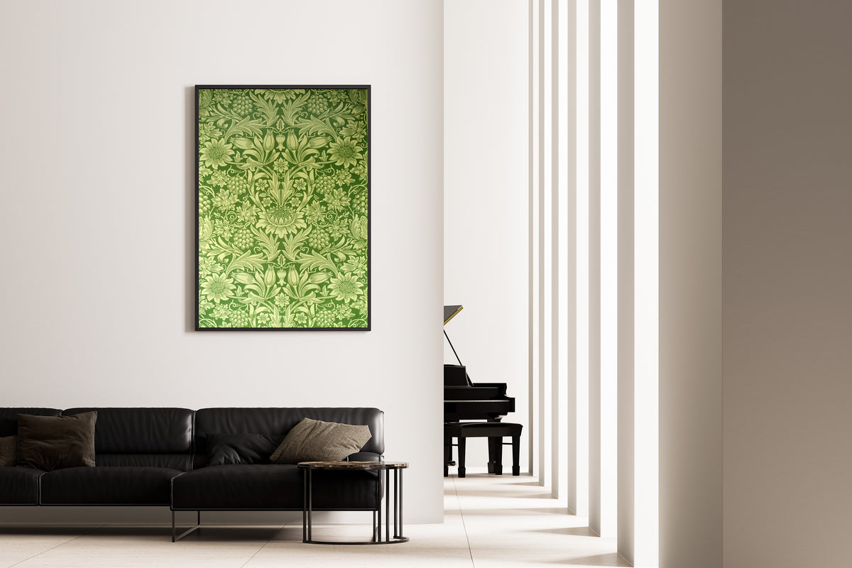 Framed art print of Sunflower by William Morris, on the wall of a minimal living room