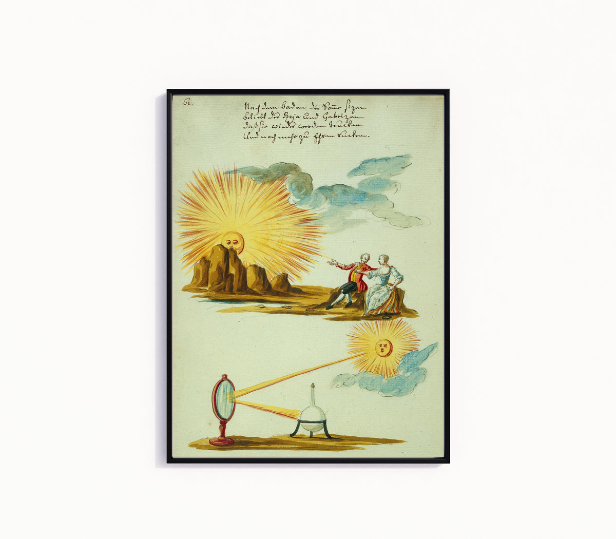 Framed art print of Sunlight Focused by a Mirror on an Alchemical Flask, beneath a… by Thesaurus Thesaurorum, in a slim black frame on a plain white wall