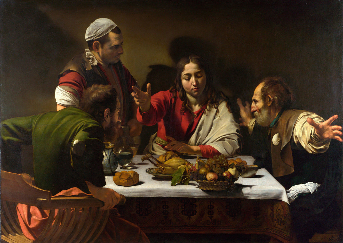 Supper at Emmaus by Caravaggio — Four men at supper as one flings his arms wide